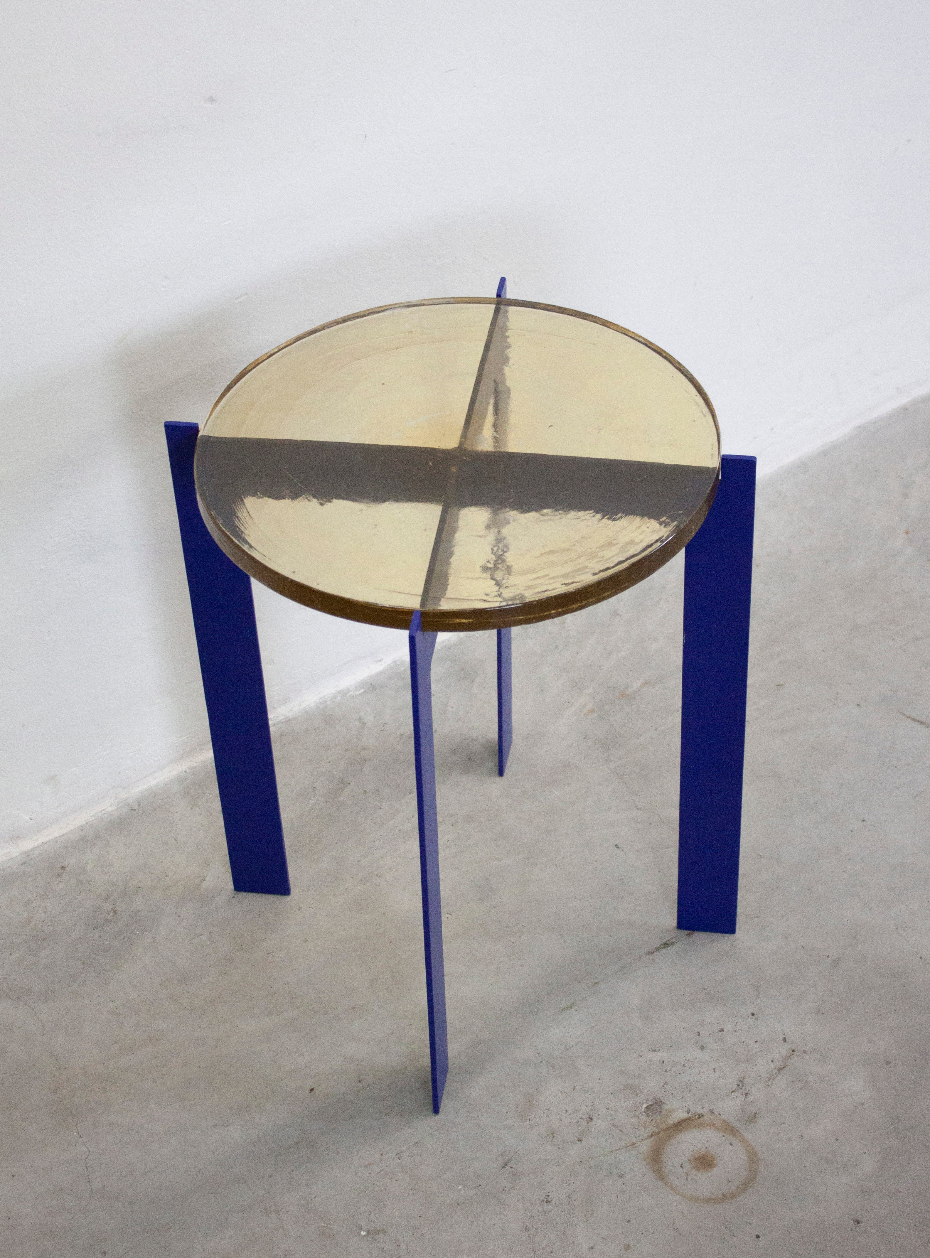 Heavy Glass Side Table on Metal Base (Yellow/Cobalt Blue) - Image 10