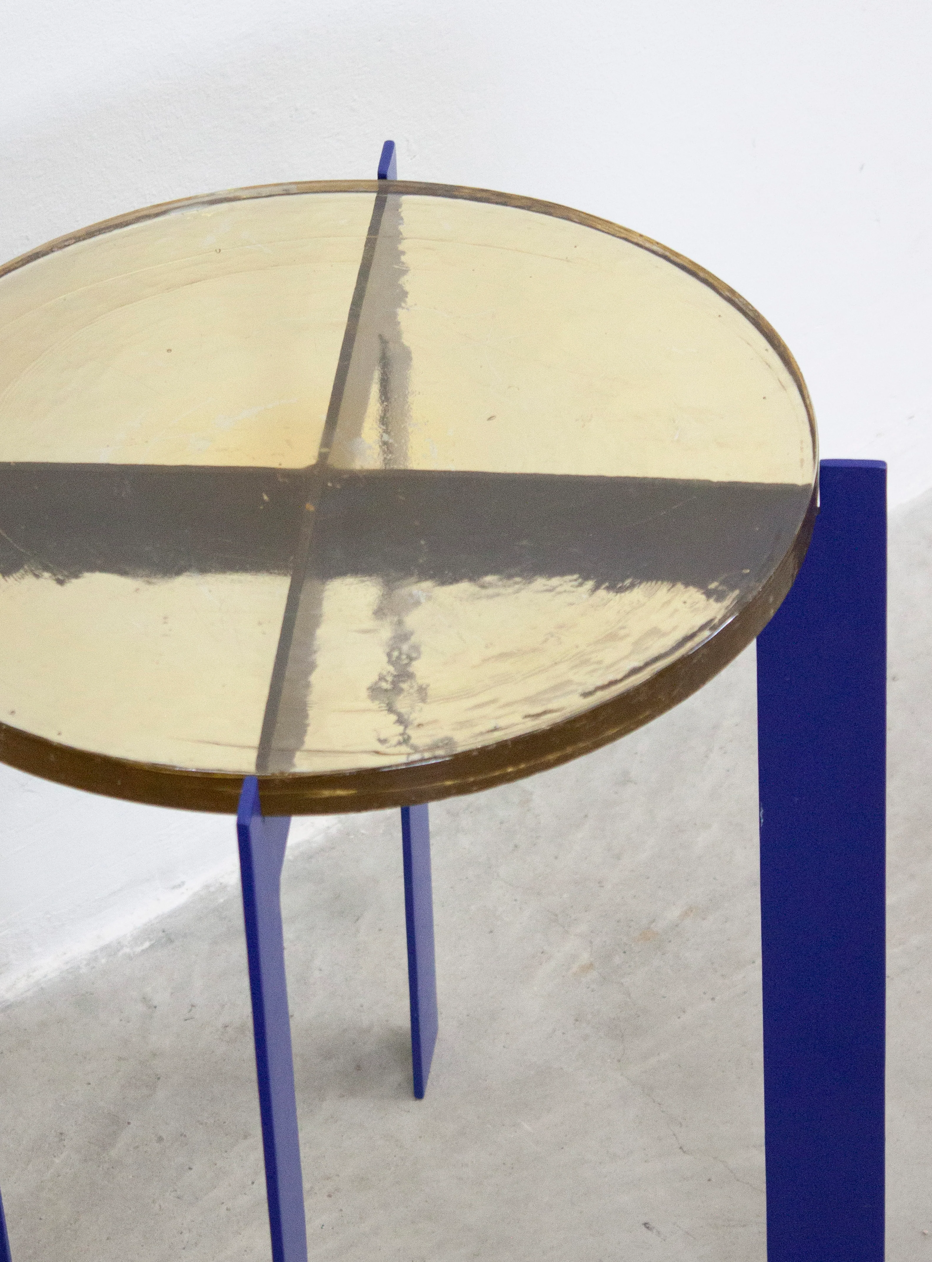 Heavy Glass Side Table on Metal Base (Yellow/Cobalt Blue) - Image 11
