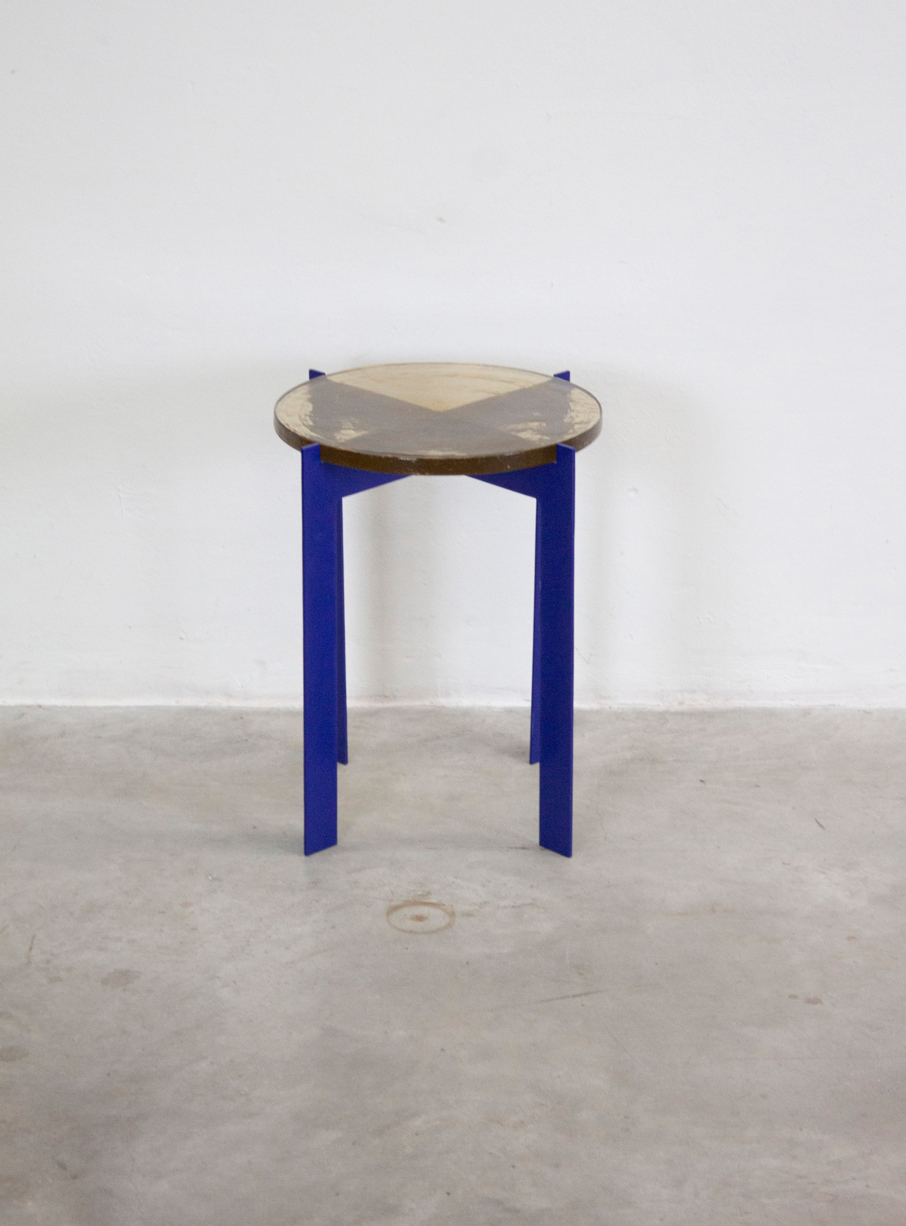 Heavy Glass Side Table on Metal Base (Yellow/Cobalt Blue) - Image 3