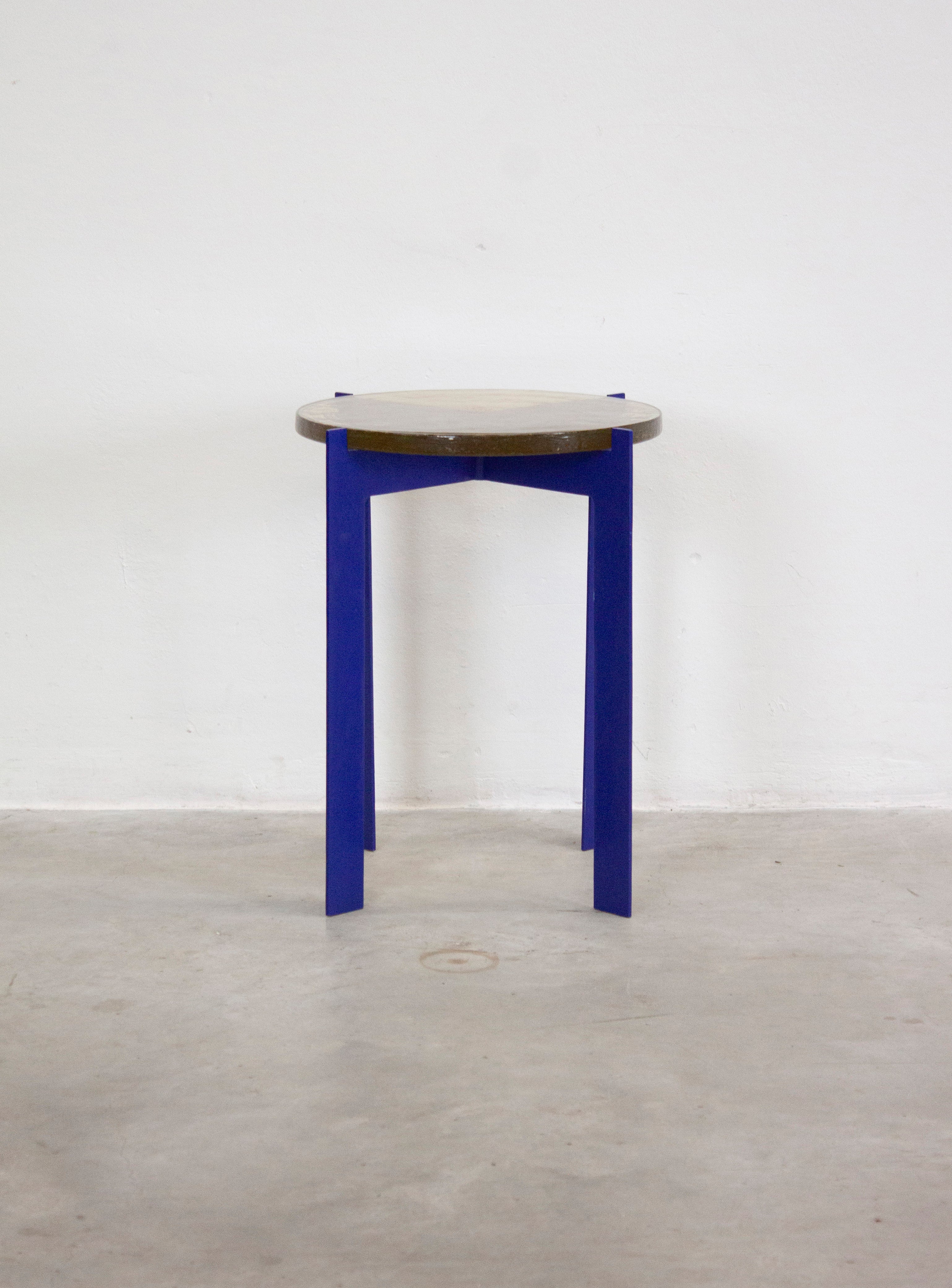 Heavy Glass Side Table on Metal Base (Yellow/Cobalt Blue) - Image 4