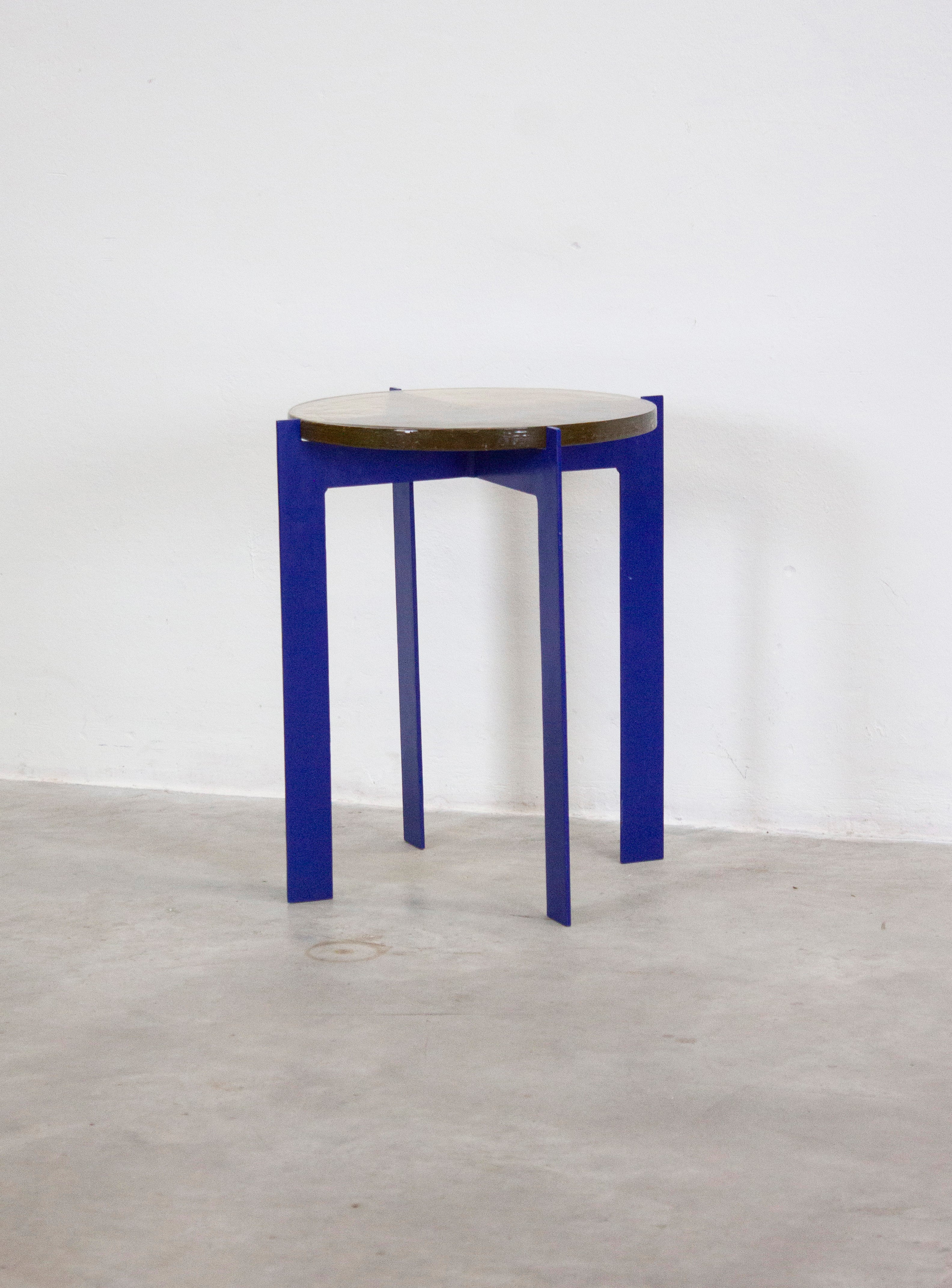 Heavy Glass Side Table on Metal Base (Yellow/Cobalt Blue) - Image 6