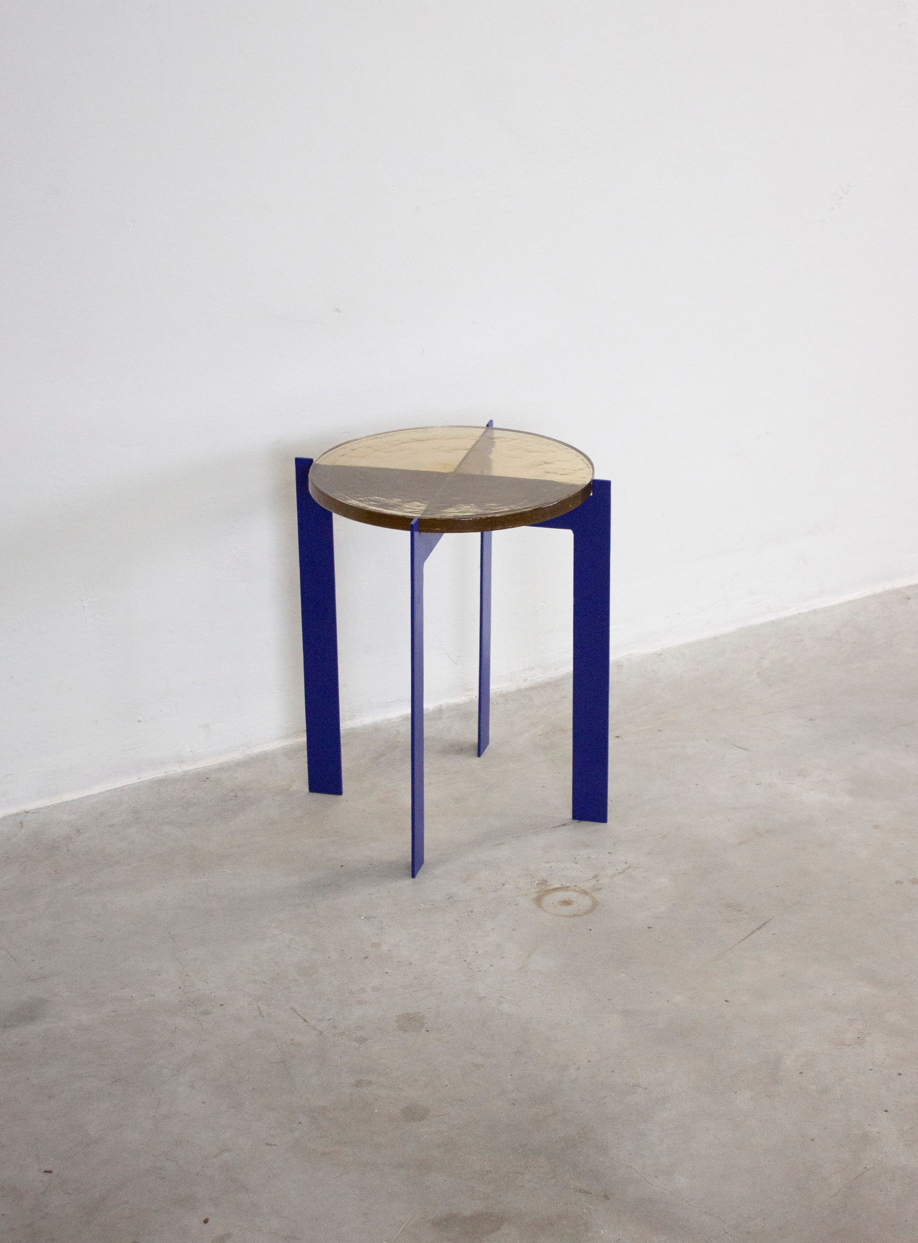 Heavy Glass Side Table on Metal Base (Yellow/Cobalt Blue) - Image 7