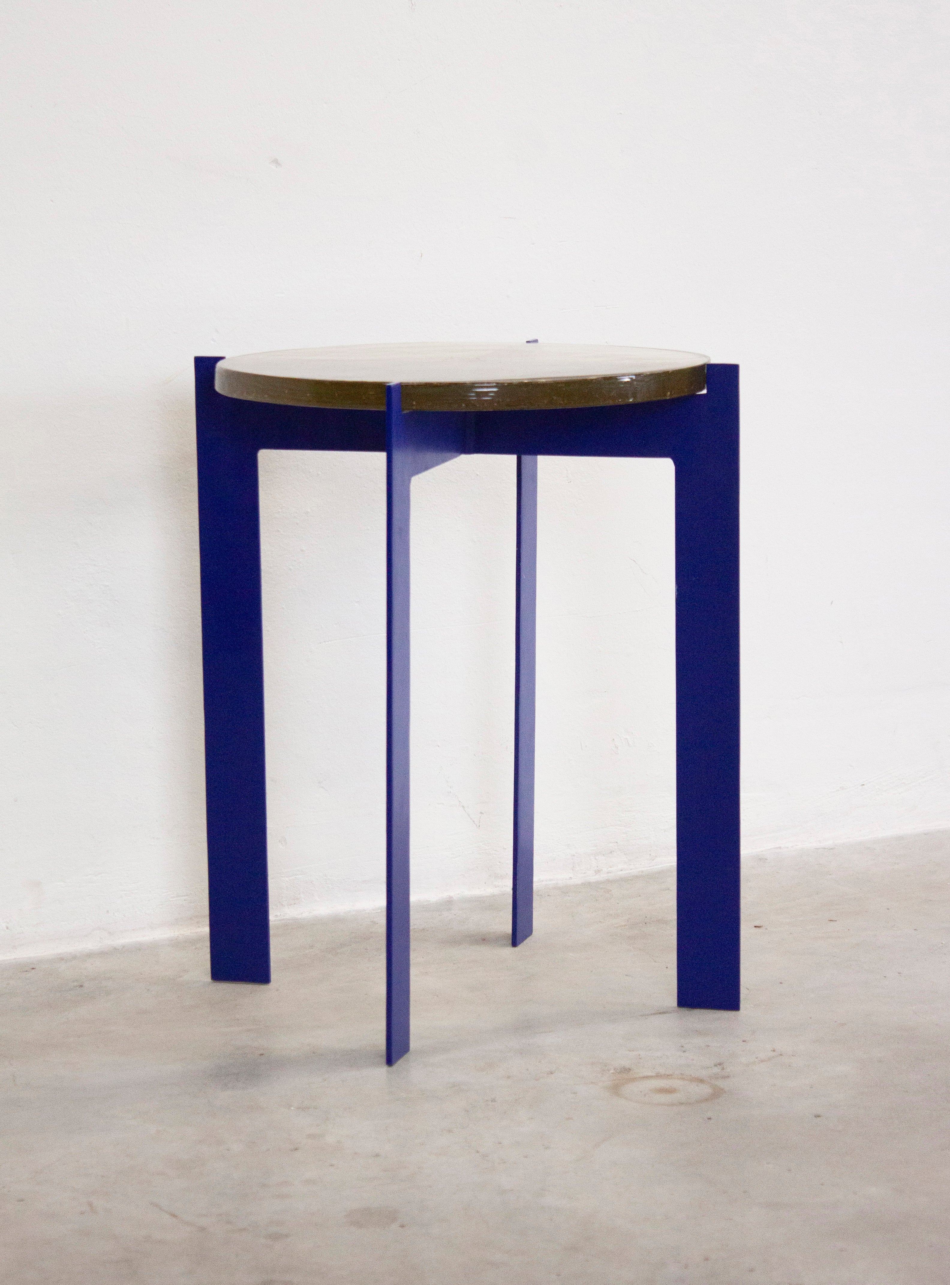 Heavy Glass Side Table on Metal Base (Yellow/Cobalt Blue) - Image 8