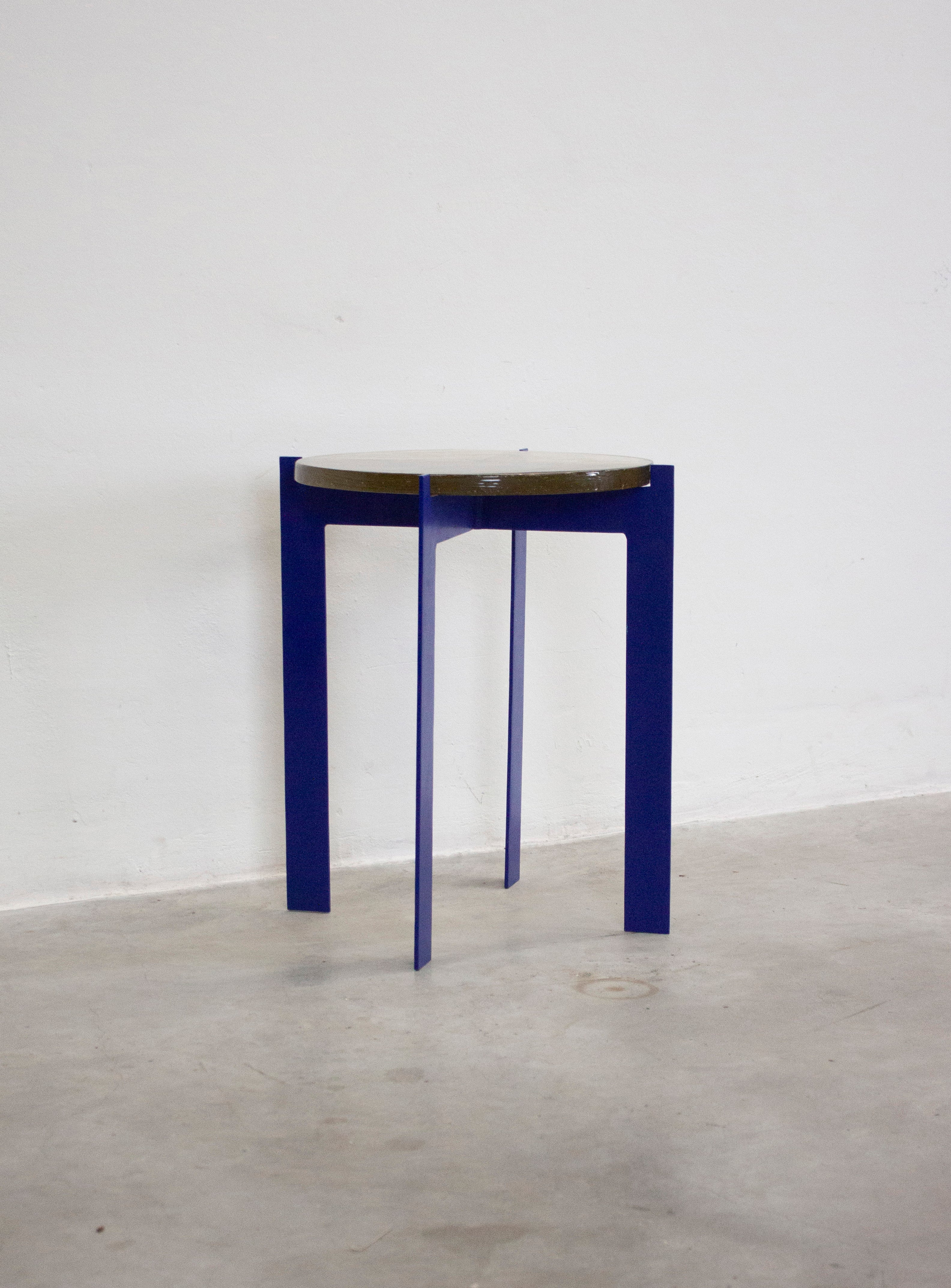Heavy Glass Side Table on Metal Base (Yellow/Cobalt Blue) - Image 9