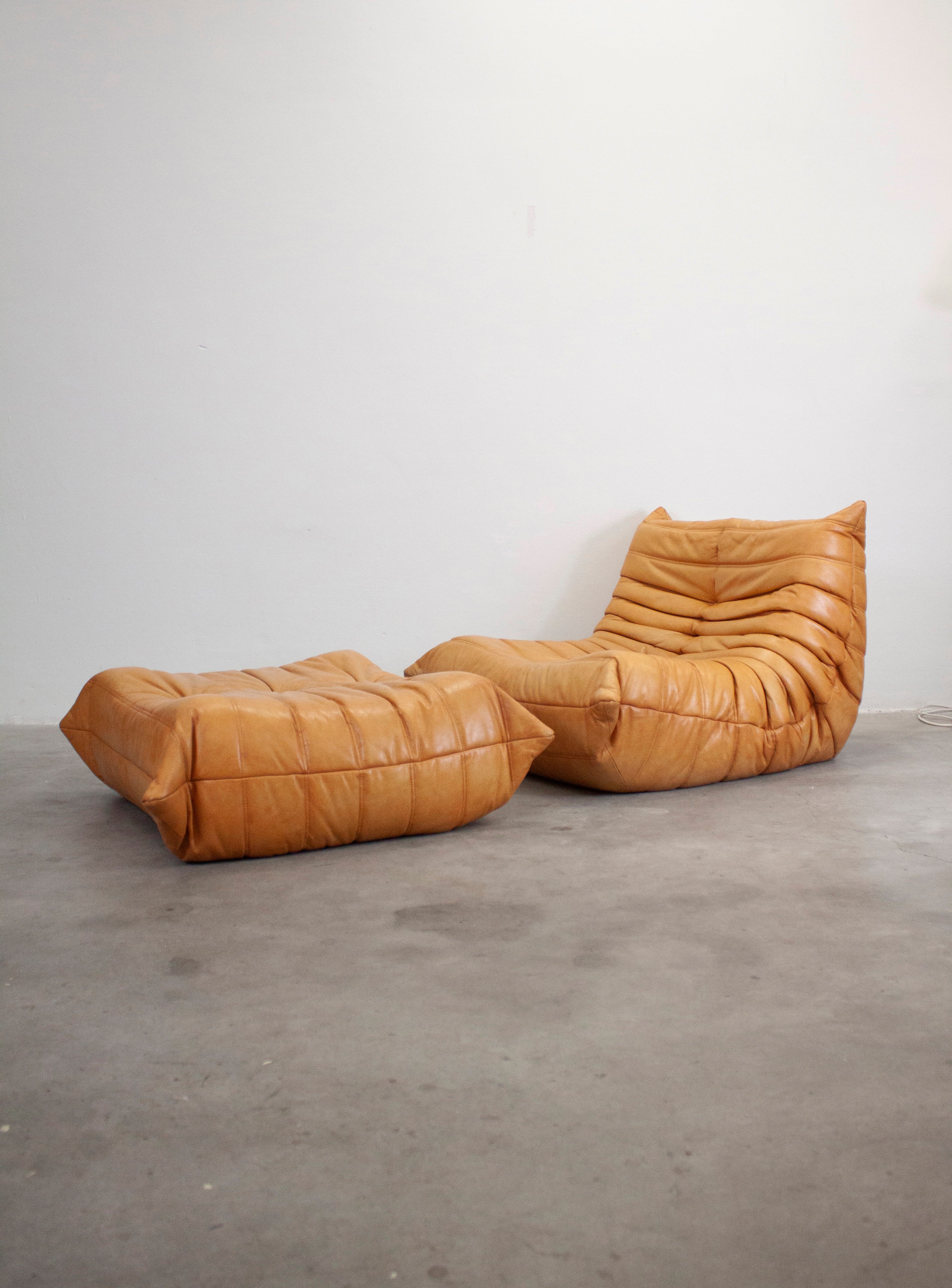 Ligne Roset Togo Leather Lounge Chair & Ottoman by Micheal Ducaroy (Tan) - Image 10