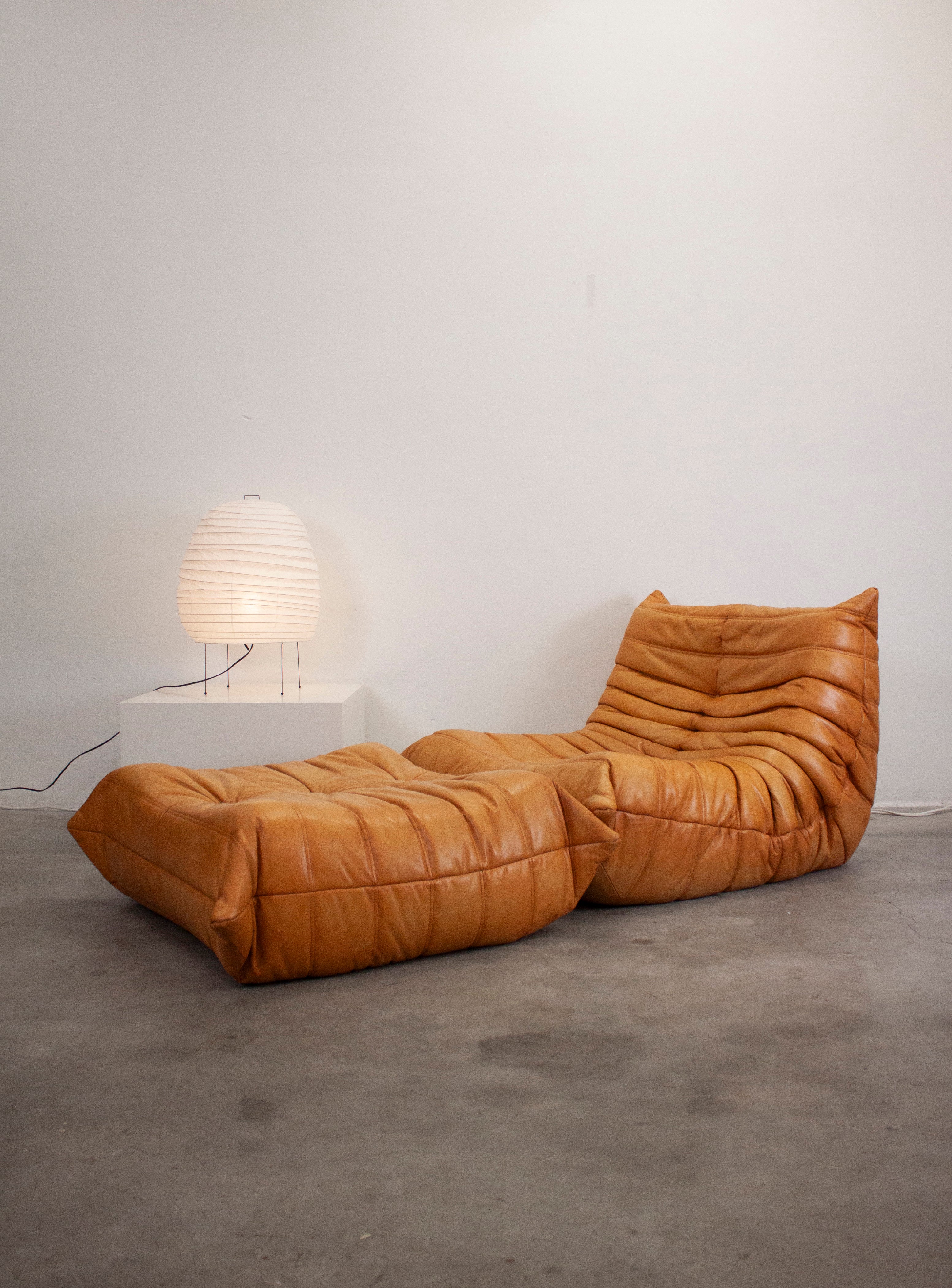 Ligne Roset Togo Leather Lounge Chair & Ottoman by Micheal Ducaroy (Tan) - Image 2