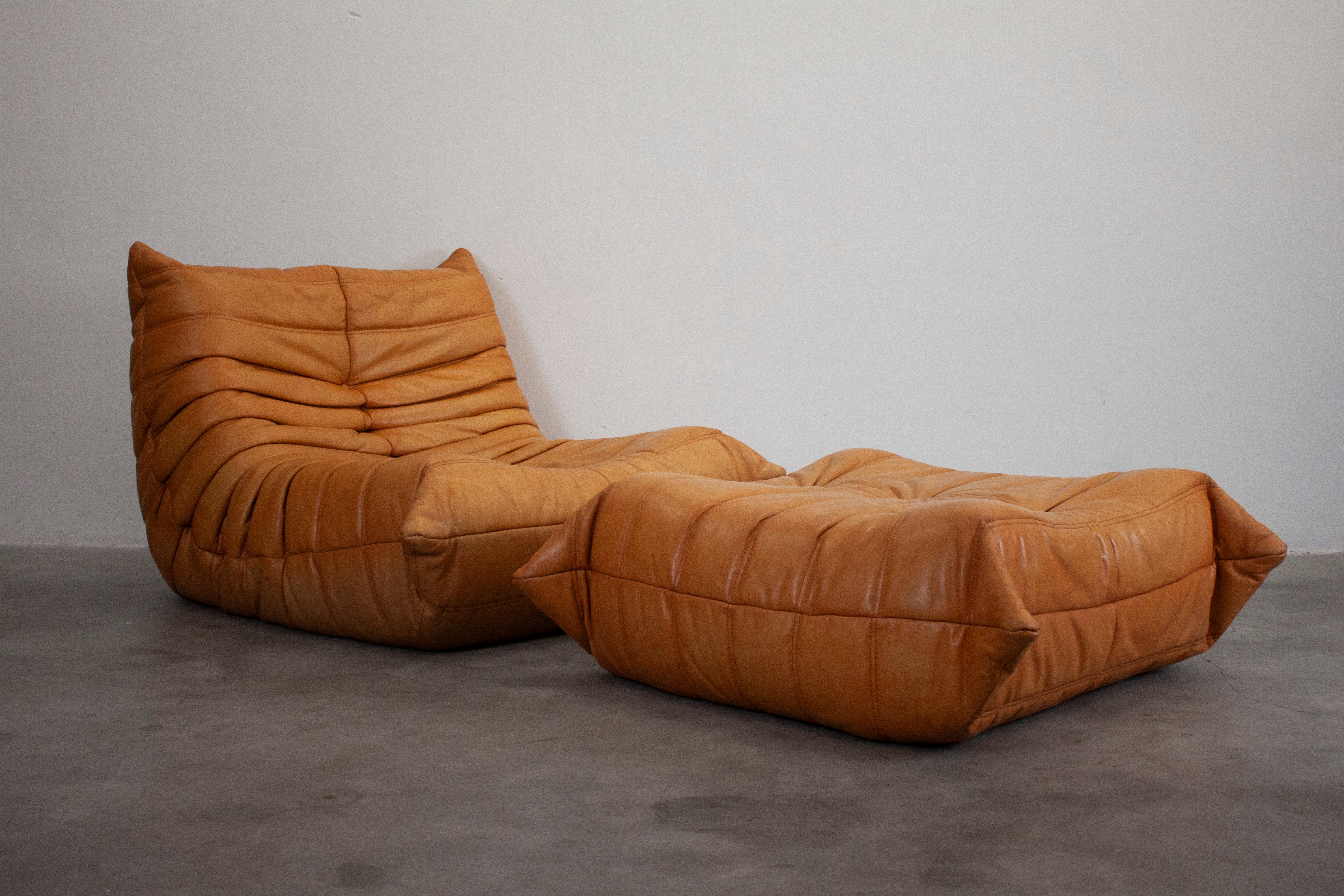 Ligne Roset Togo Leather Lounge Chair & Ottoman by Micheal Ducaroy (Tan) - Image 3