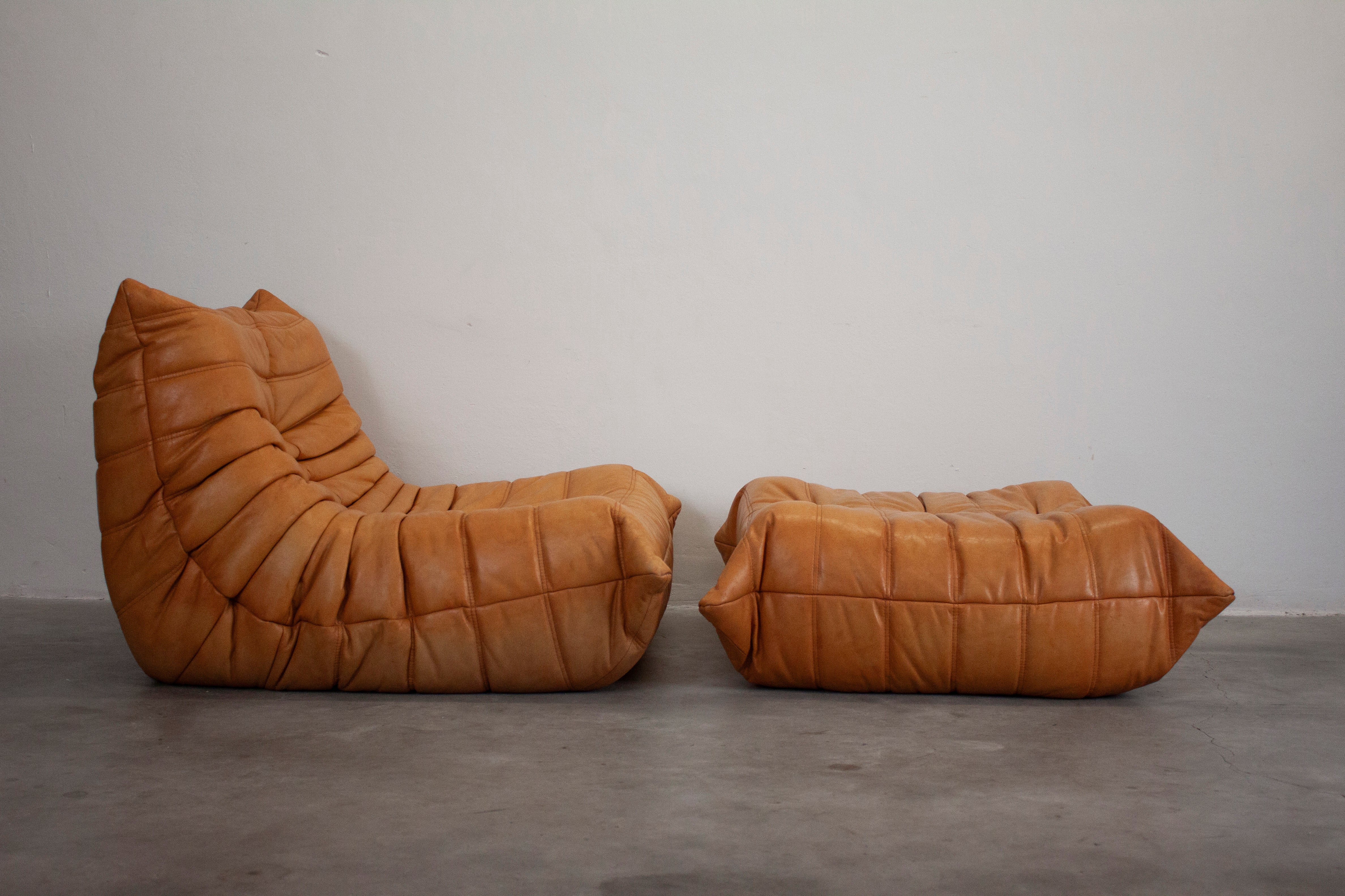 Ligne Roset Togo Leather Lounge Chair & Ottoman by Micheal Ducaroy (Tan) - Image 4