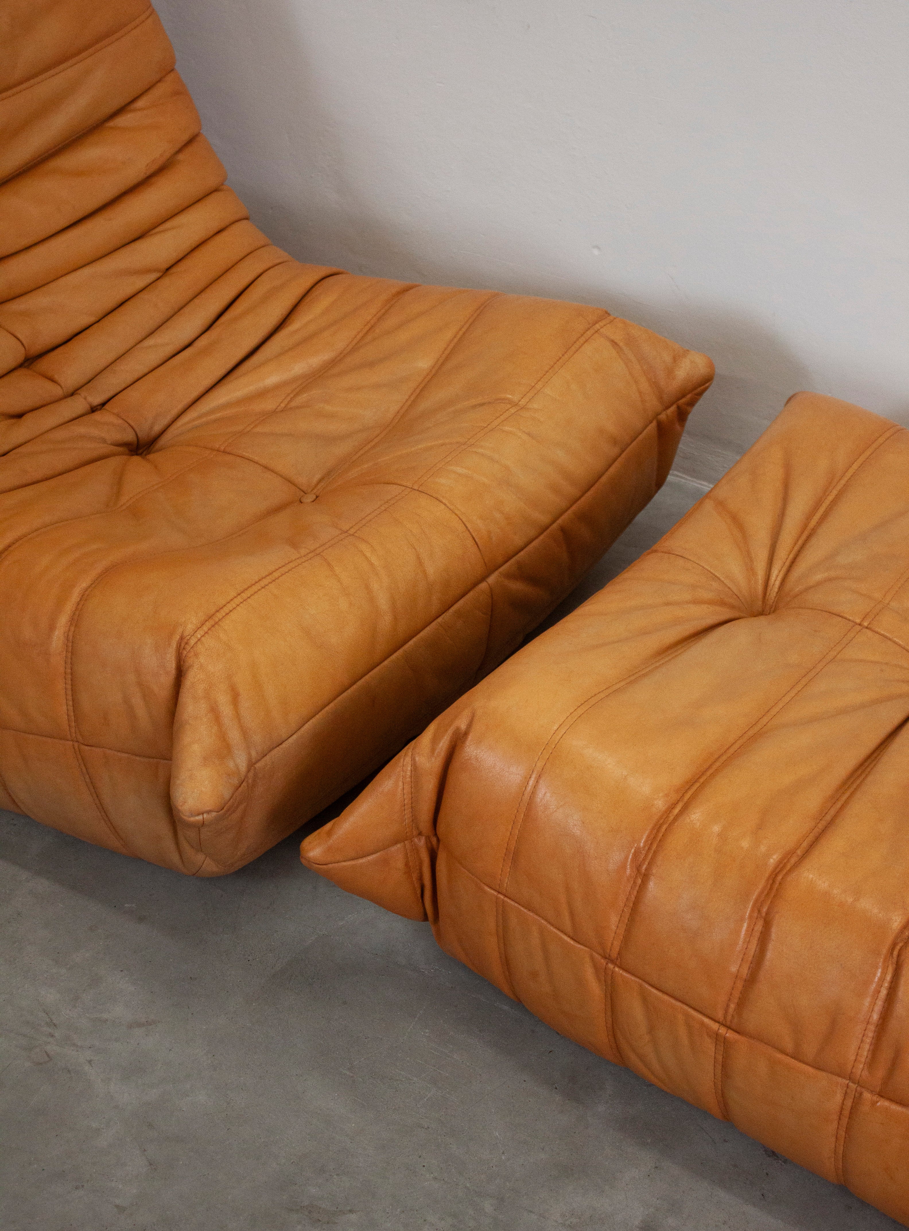 Ligne Roset Togo Leather Lounge Chair & Ottoman by Micheal Ducaroy (Tan) - Image 6