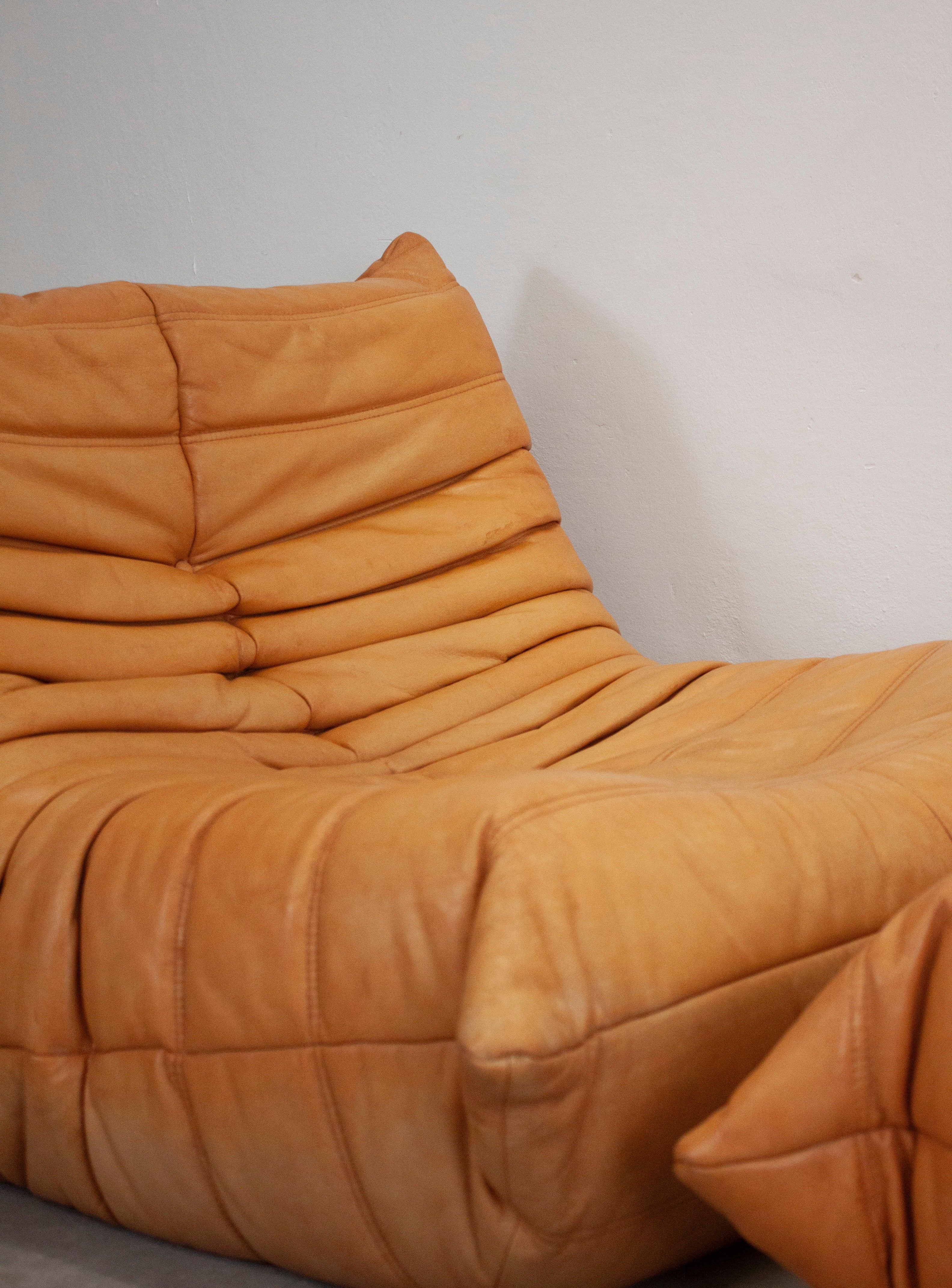 Ligne Roset Togo Leather Lounge Chair & Ottoman by Micheal Ducaroy (Tan) - Image 8