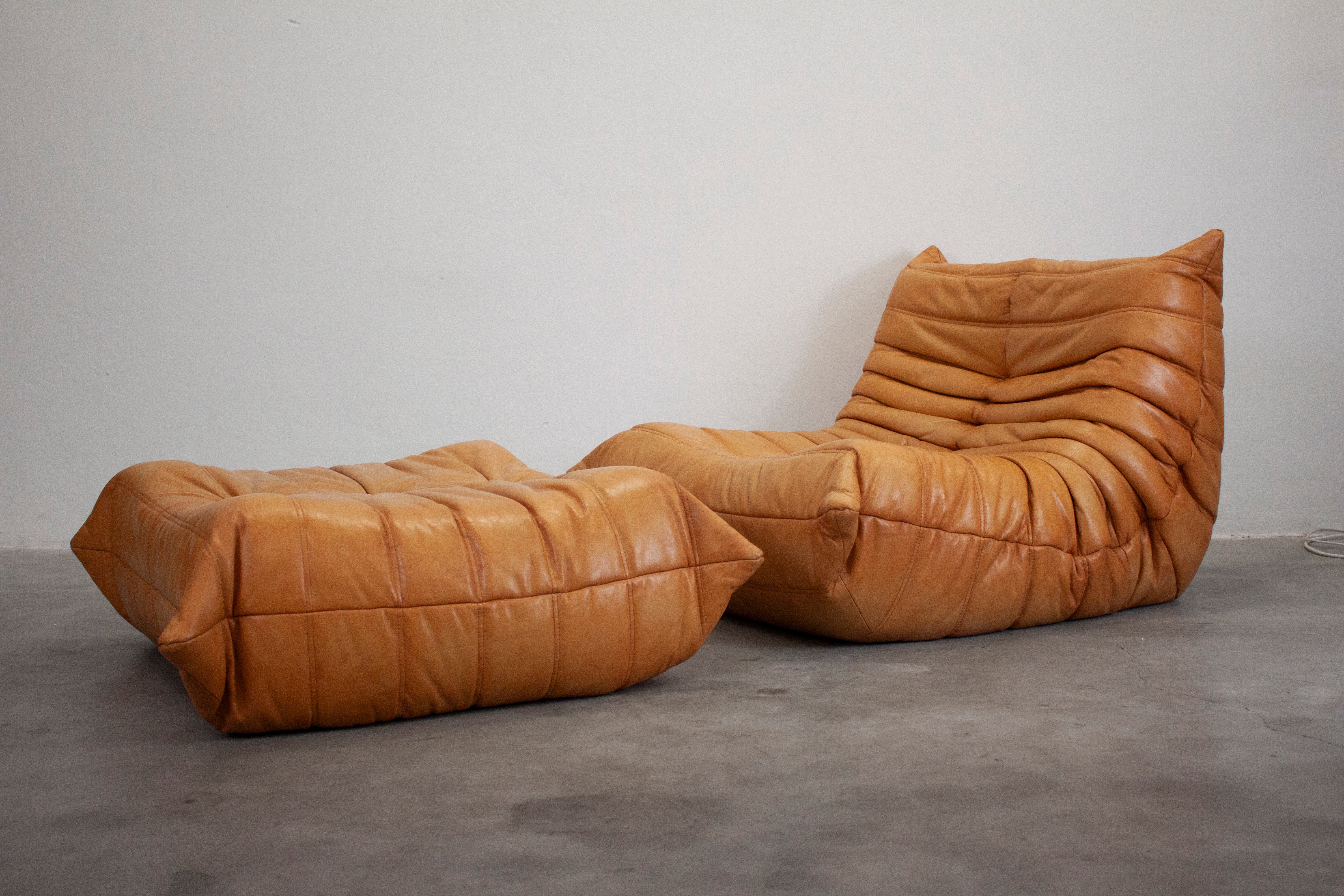 Ligne Roset Togo Leather Lounge Chair & Ottoman by Micheal Ducaroy (Tan) - Image 9